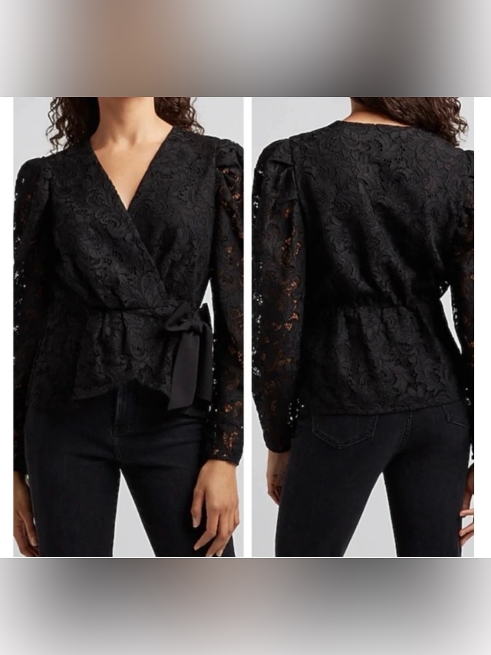 Express Black Lace Wrap Peplum Top Long Sleeve Tie Waist Women's Size M